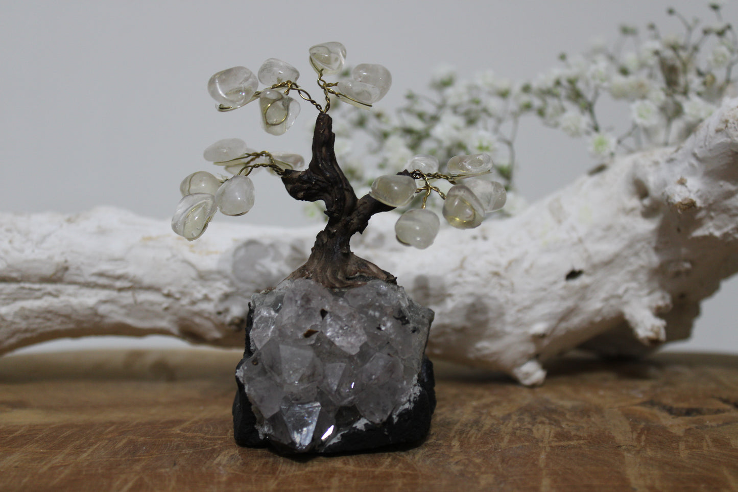 Rock crystal bonsai tree on amethyst